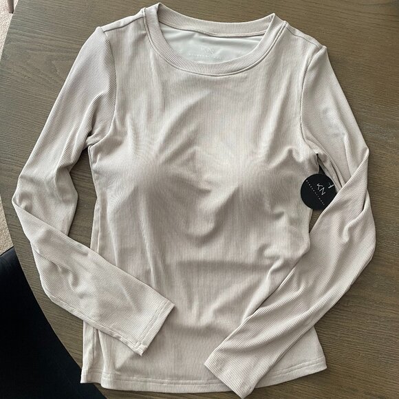 Klassy Network Crew Neck Ribbed Long Sleeve Brami Top - Cream, Size Medium - Picture 4 of 4